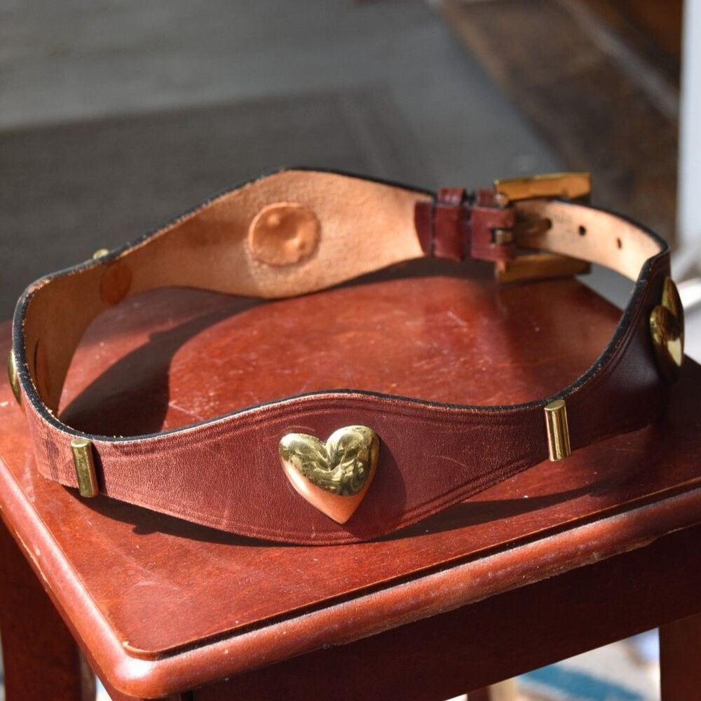 Vintage Lord & Taylor Italian Leather Belt Small Burgundy Brass Hearts 27”
